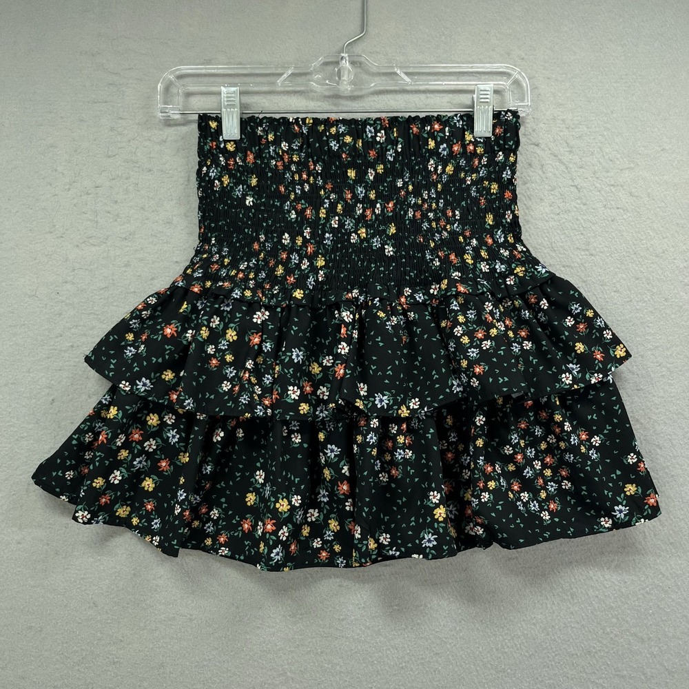 Blue Blush Mini Skirt Women's Small Black Floral Ruffle Smocked Tiered Boho